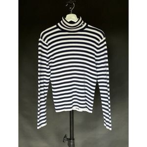 Ralph Lauren Sweater Women Large Blue White Stripe Ribbed LRL Logo